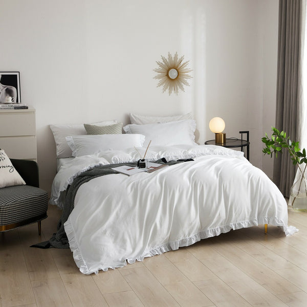 Ruffle Edge Bedding - Snow White: 4 Pieces Luxury Twin
