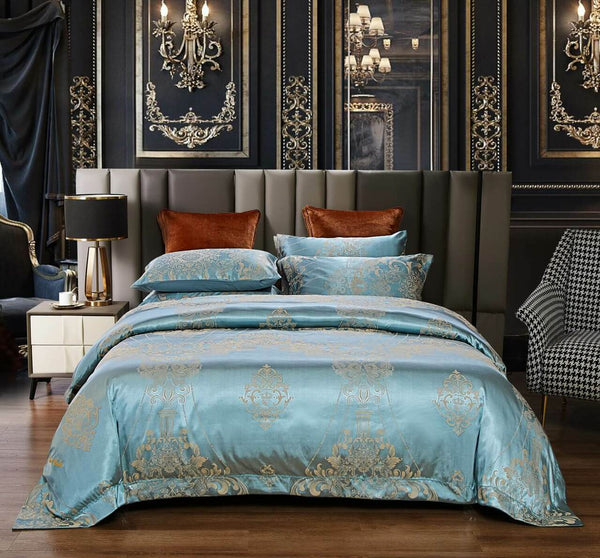 6 Pieces Luxury Jacquard King Size Duvet Cover Set- Aqua Blue