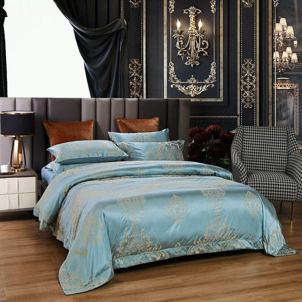 6 Pieces Luxury Jacquard King Size Duvet Cover Set- Aqua Blue