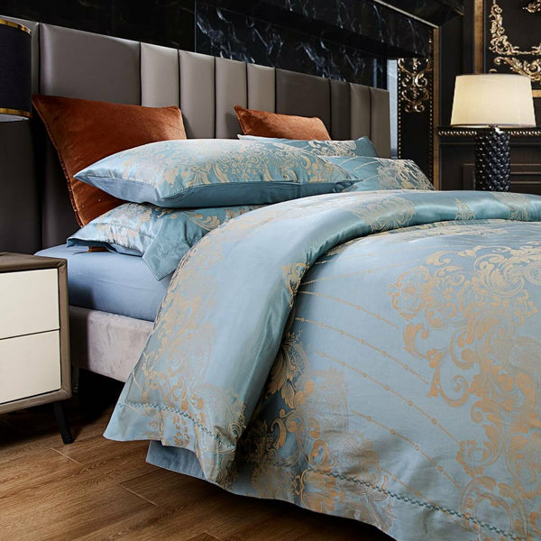 6 Pieces Luxury Jacquard King Size Duvet Cover Set- Aqua Blue
