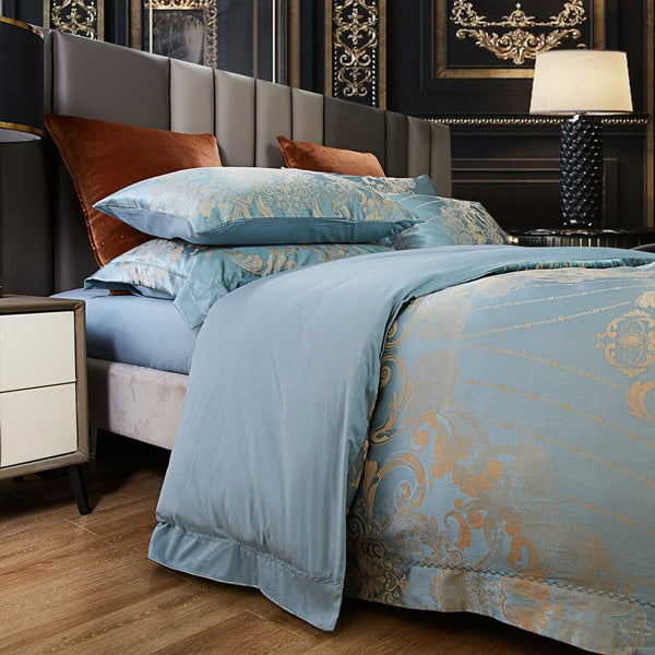 6 Pieces Luxury Jacquard King Size Duvet Cover Set- Aqua Blue