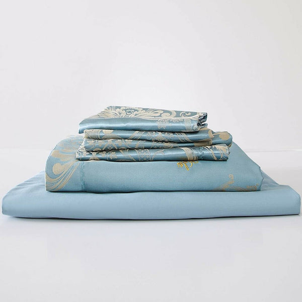 6 Pieces Luxury Jacquard King Size Duvet Cover Set- Aqua Blue