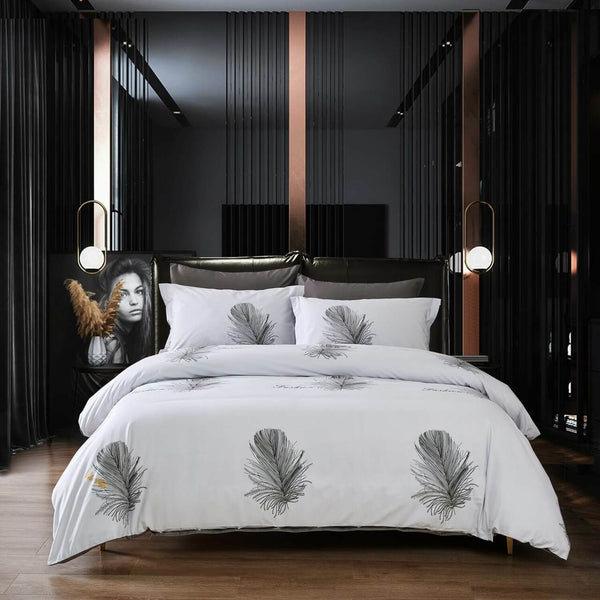 King size 6 Piece 100% Cotton Duvet Cover Set- White Feather
