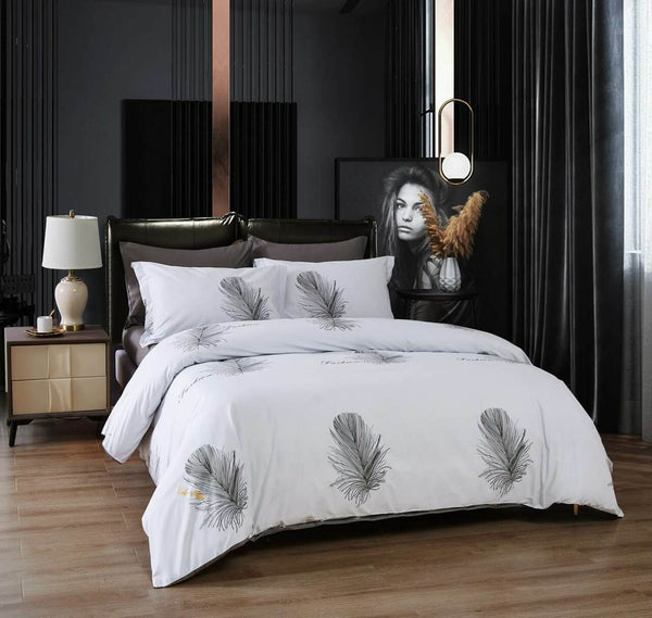 King size 6 Piece 100% Cotton Duvet Cover Set- White Feather